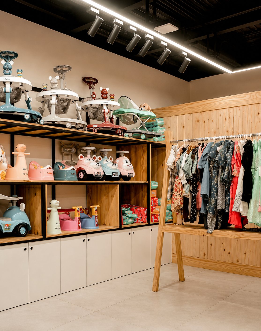 Wood cubbies display children's ride-on toys beside a slatted counter and clothing rack