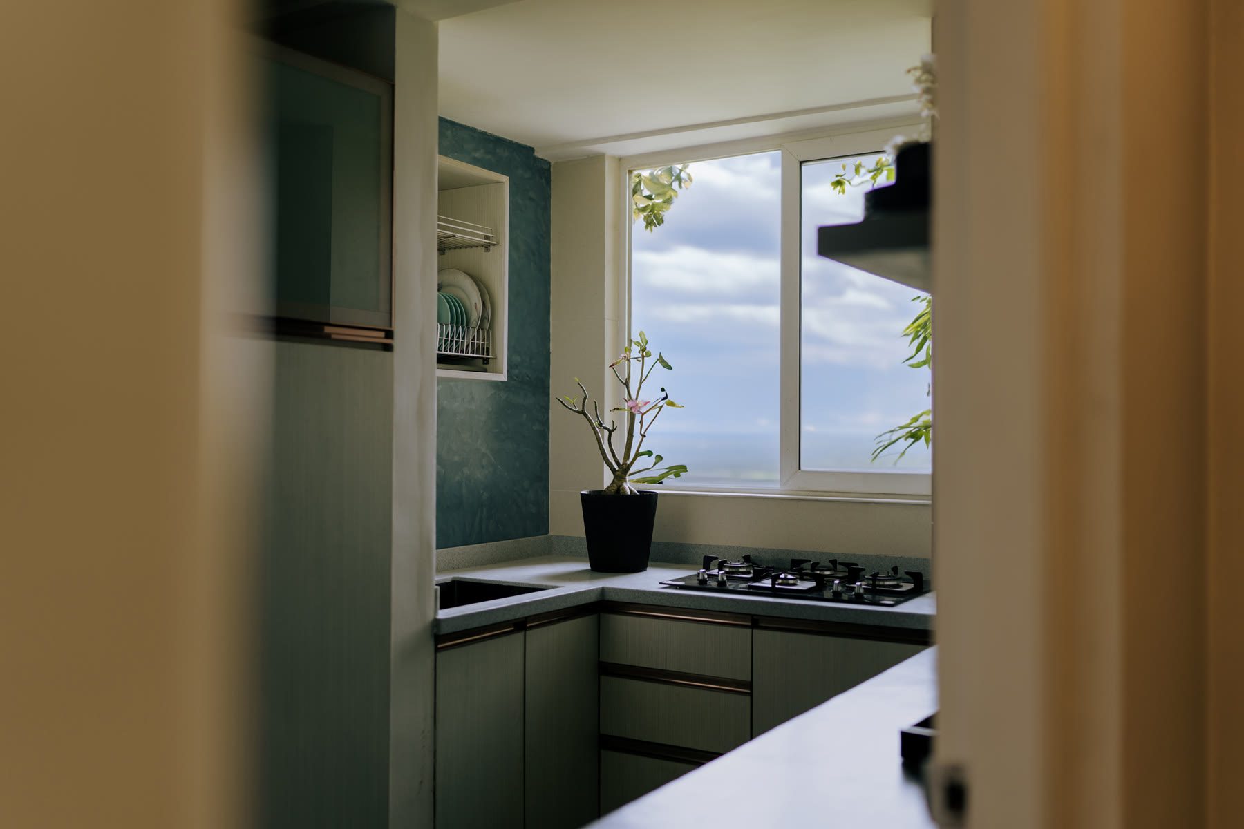 Ashcroft kitchen framed by muted green cabinetry