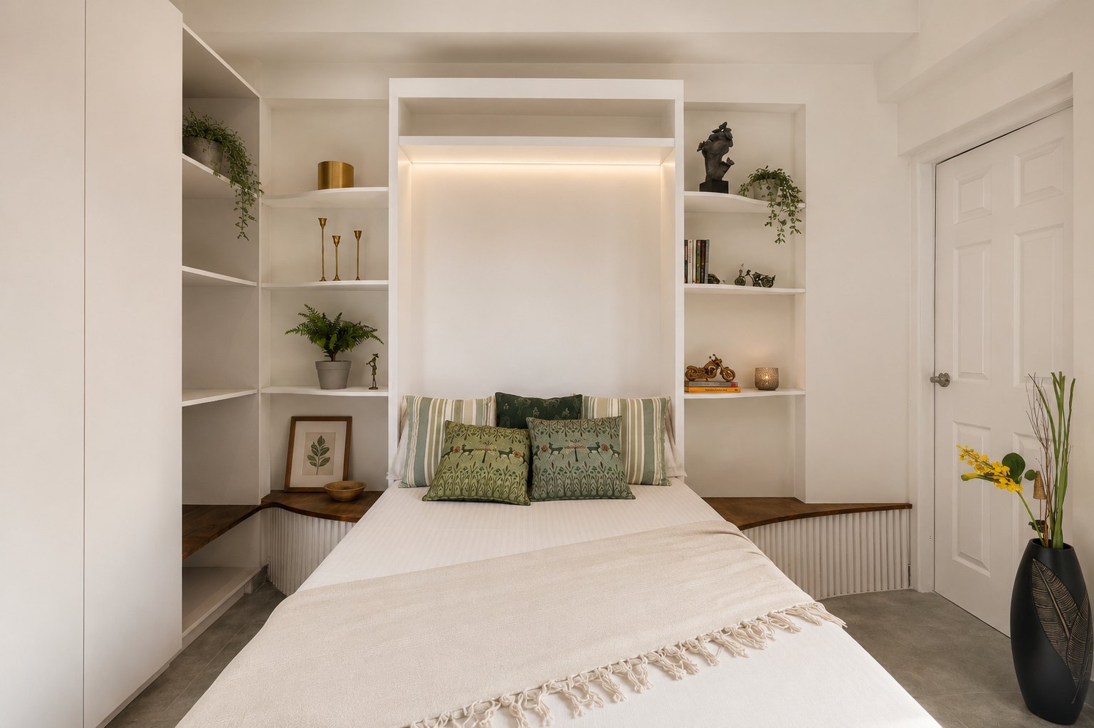 Space-saving wall bed integrated into white cabinetry at Ashcroft