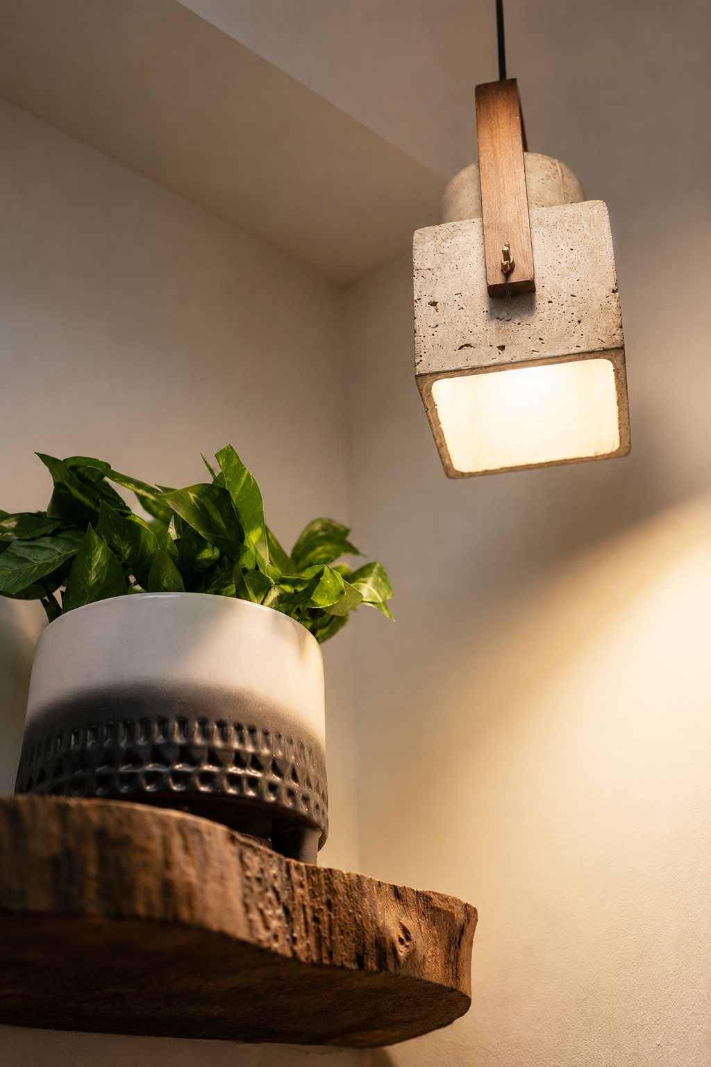 Textured pendant glowing above a potted plant on a rough live-edge wood shelf