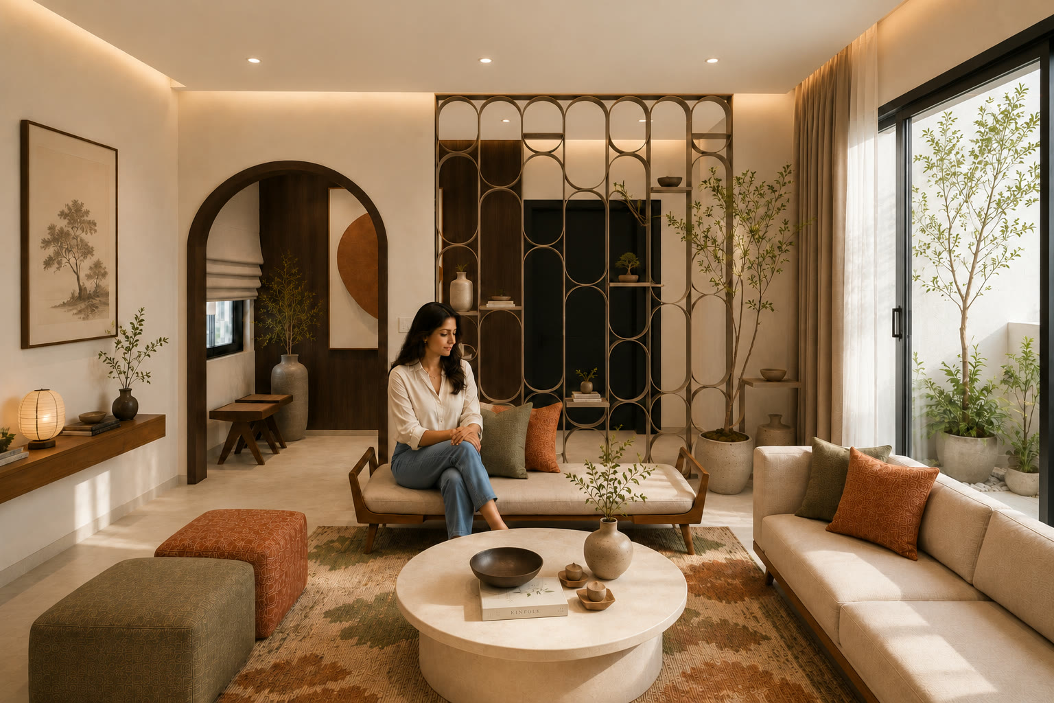 Cove living room framed by repeated arches and warm neutral finishes
