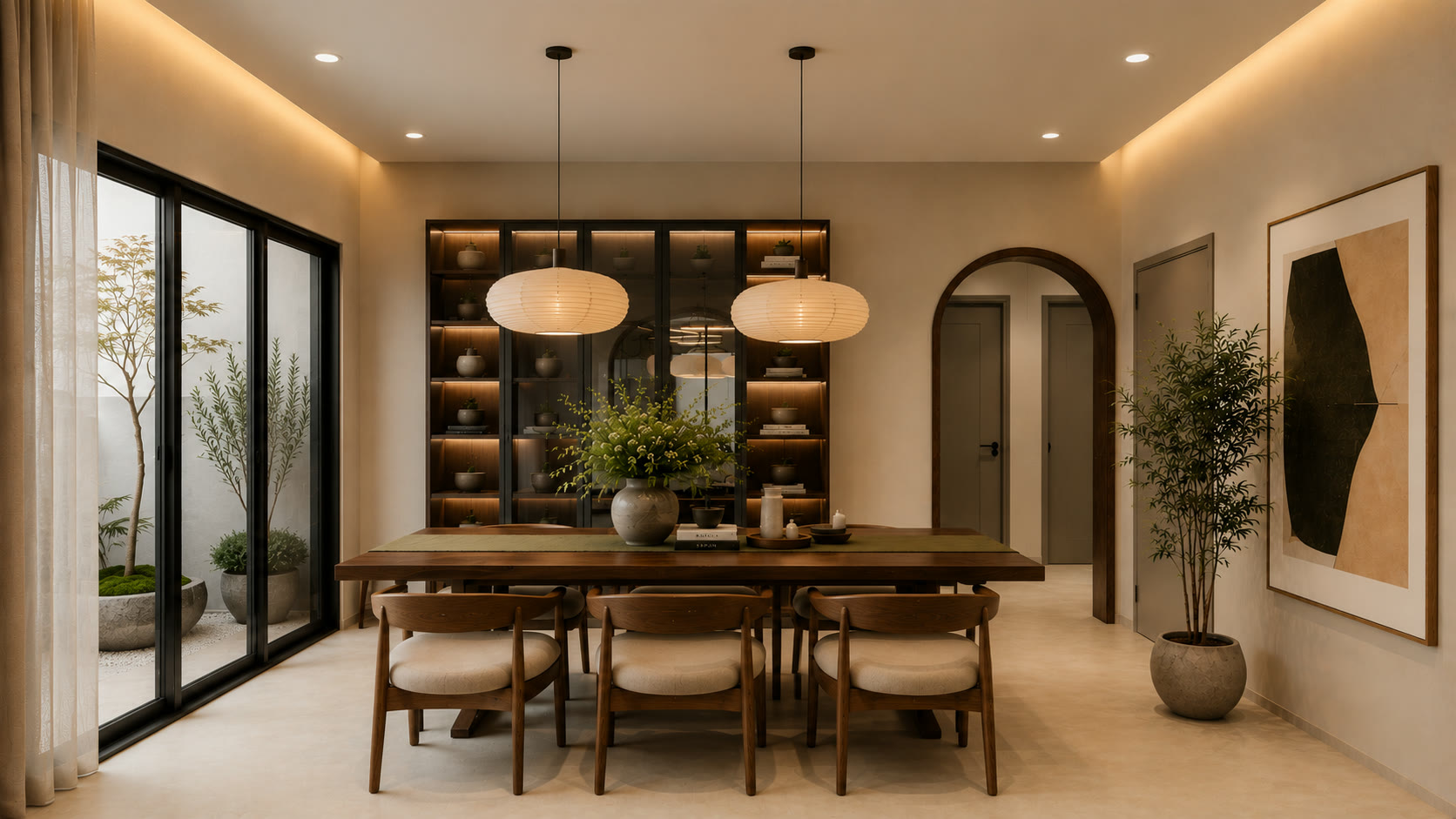 Cove dining area with dark cabinetry and an arched opening