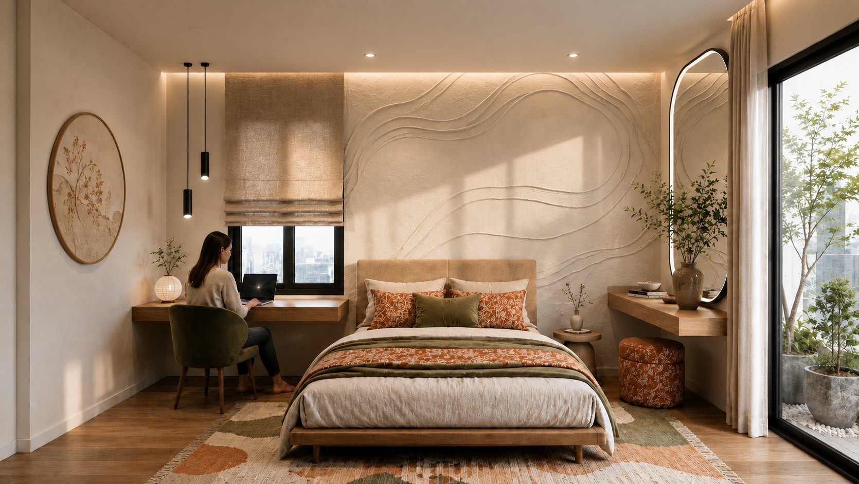 Cove bedroom with a sculpted plaster wall and soft neutral furnishings