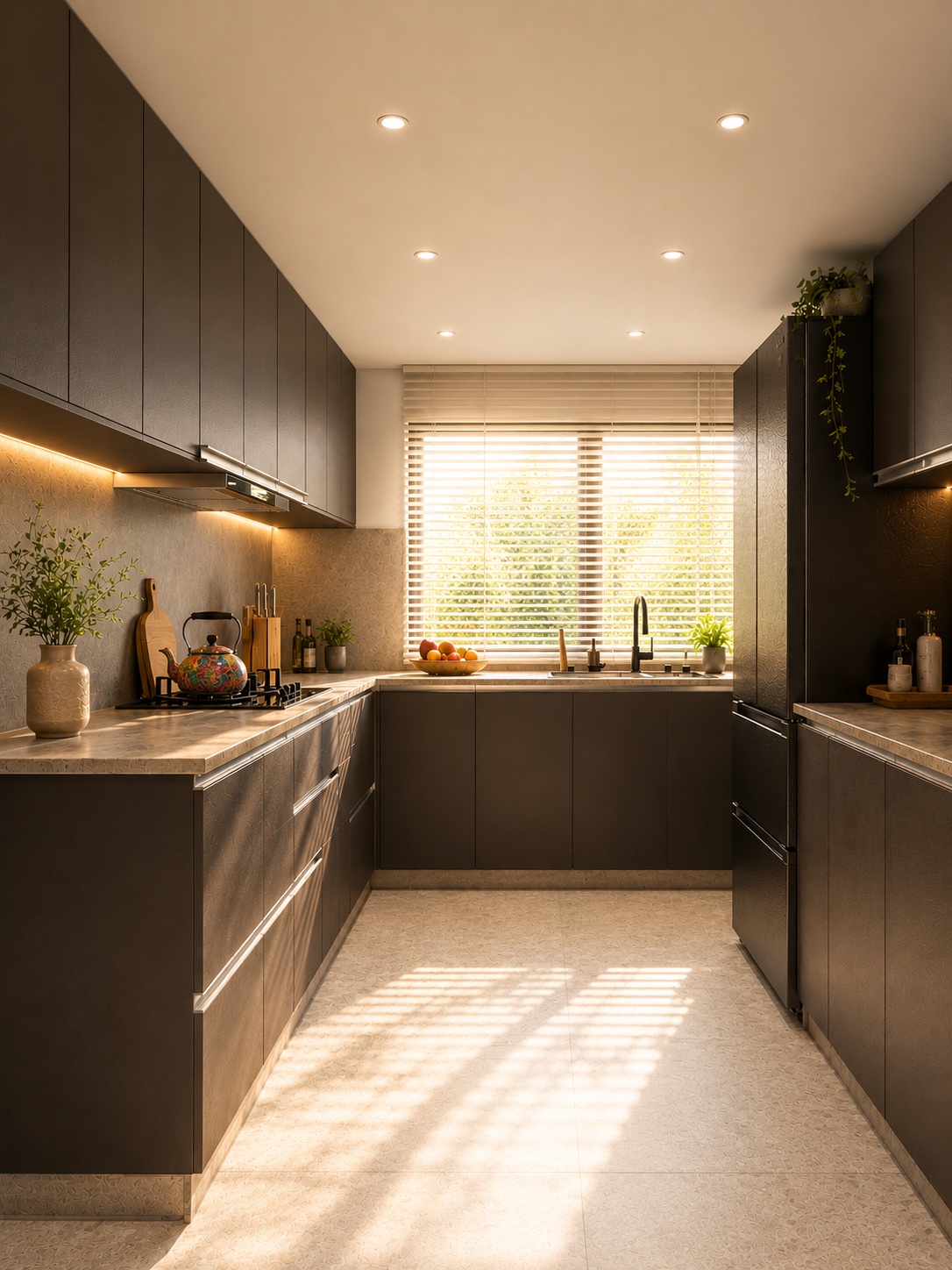 Sunlit dark kitchen with a patterned stone floor, warm task lighting, and garden-facing window
