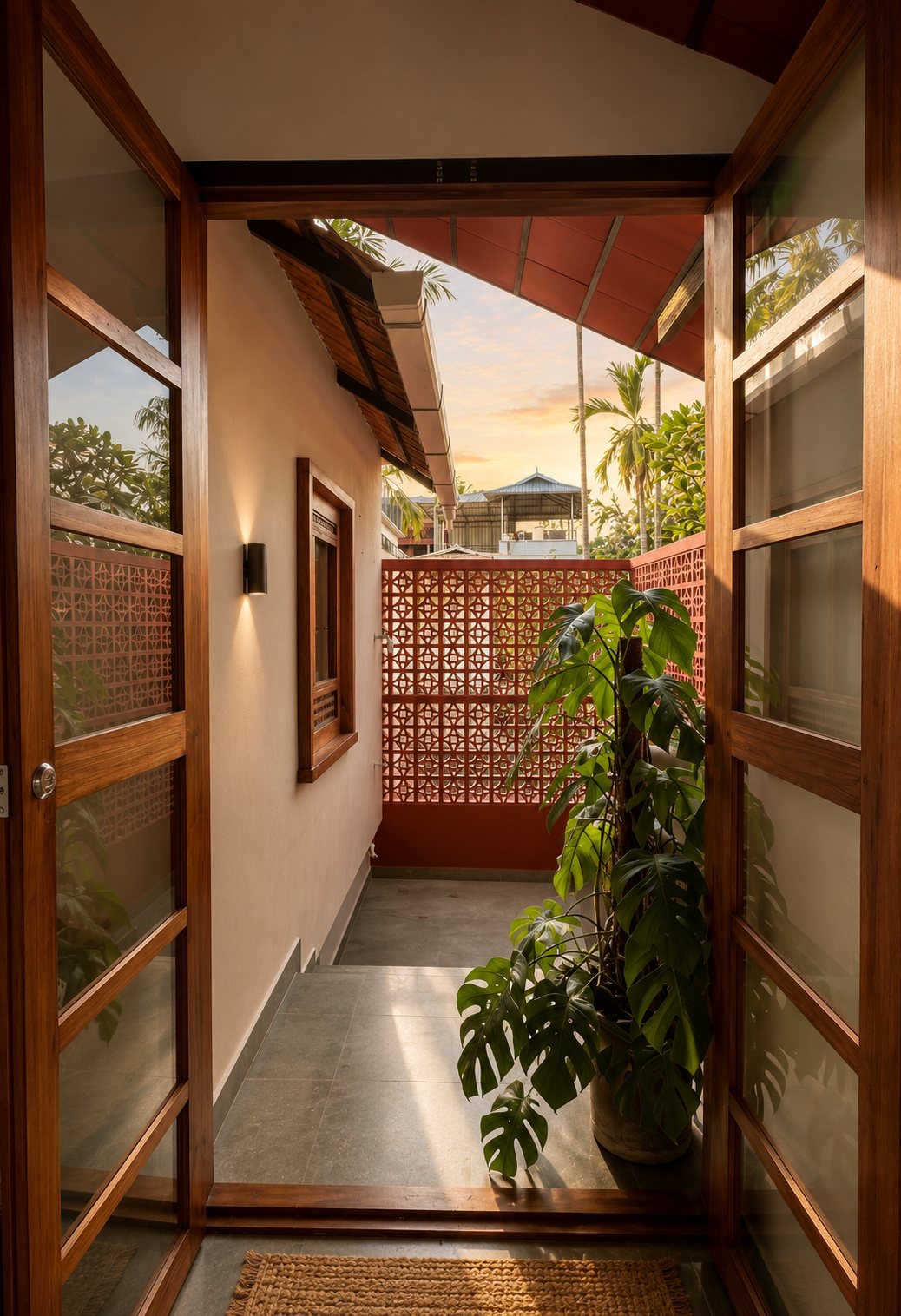 Wood-framed double doors open onto a narrow passage with a red perforated screen and plants