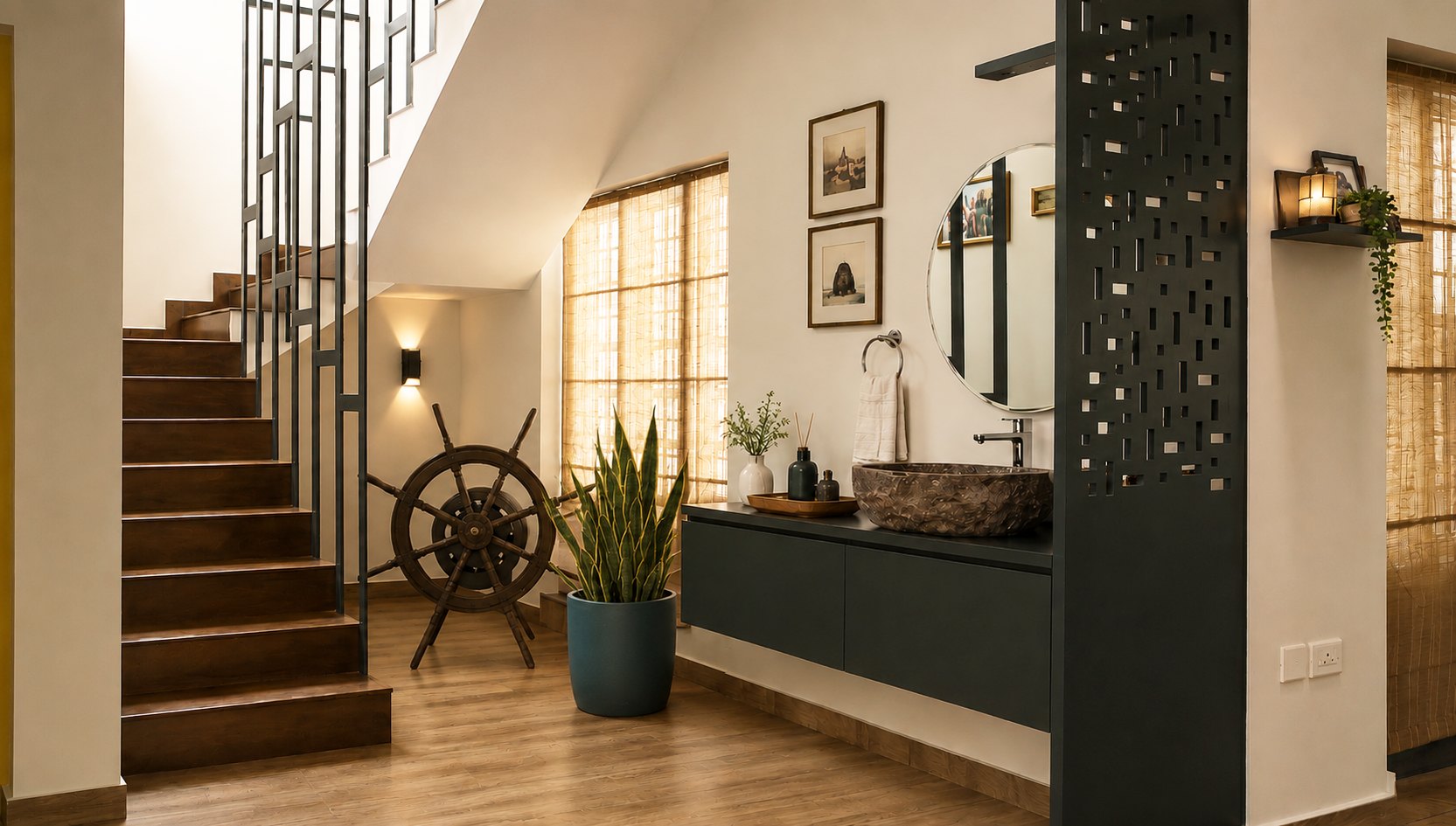 Grand Casa stair hall with dark metal screens and curated artwork
