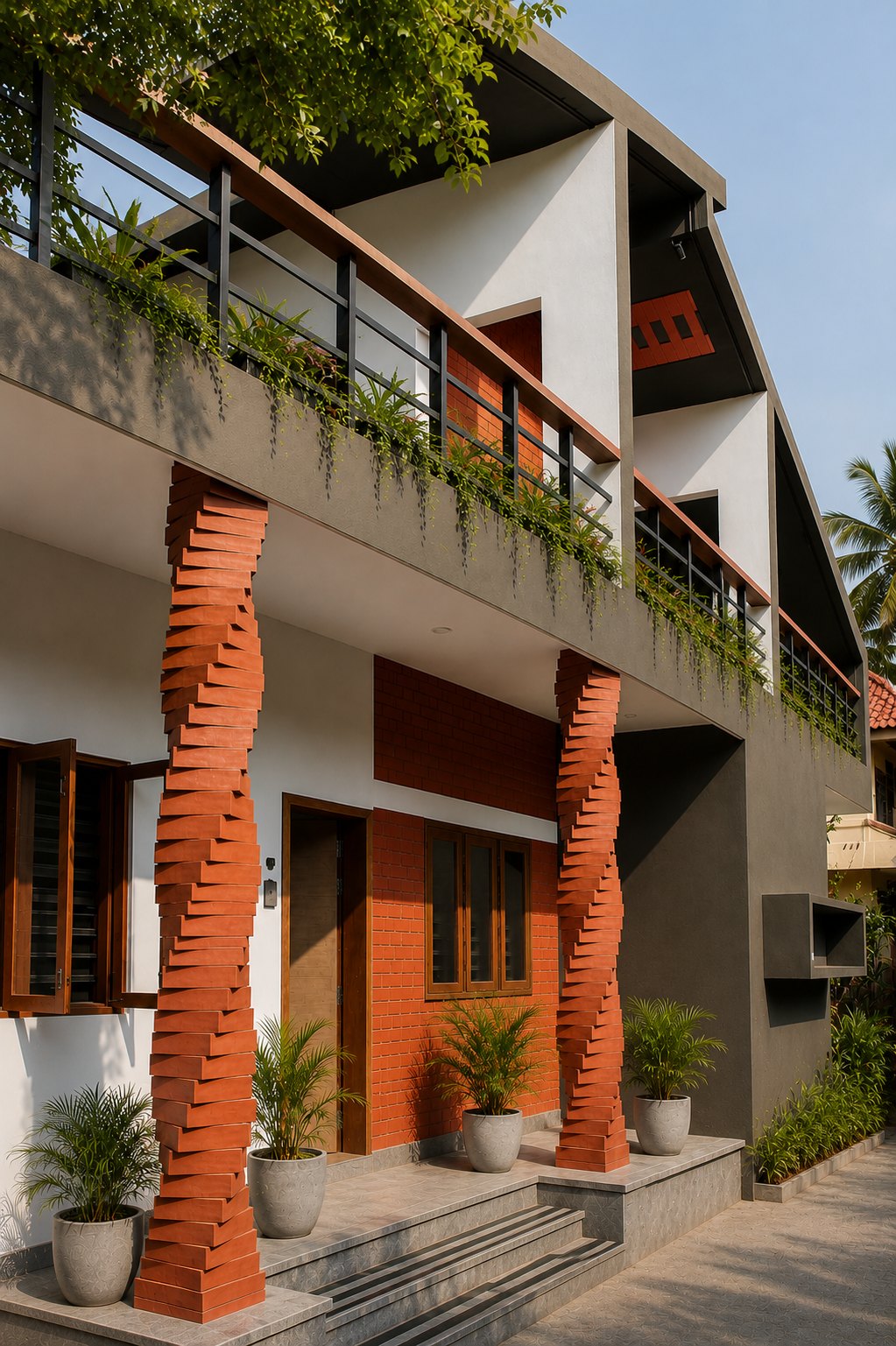 Ivy Villa entrance with sculptural brick fins and an upper planted balcony