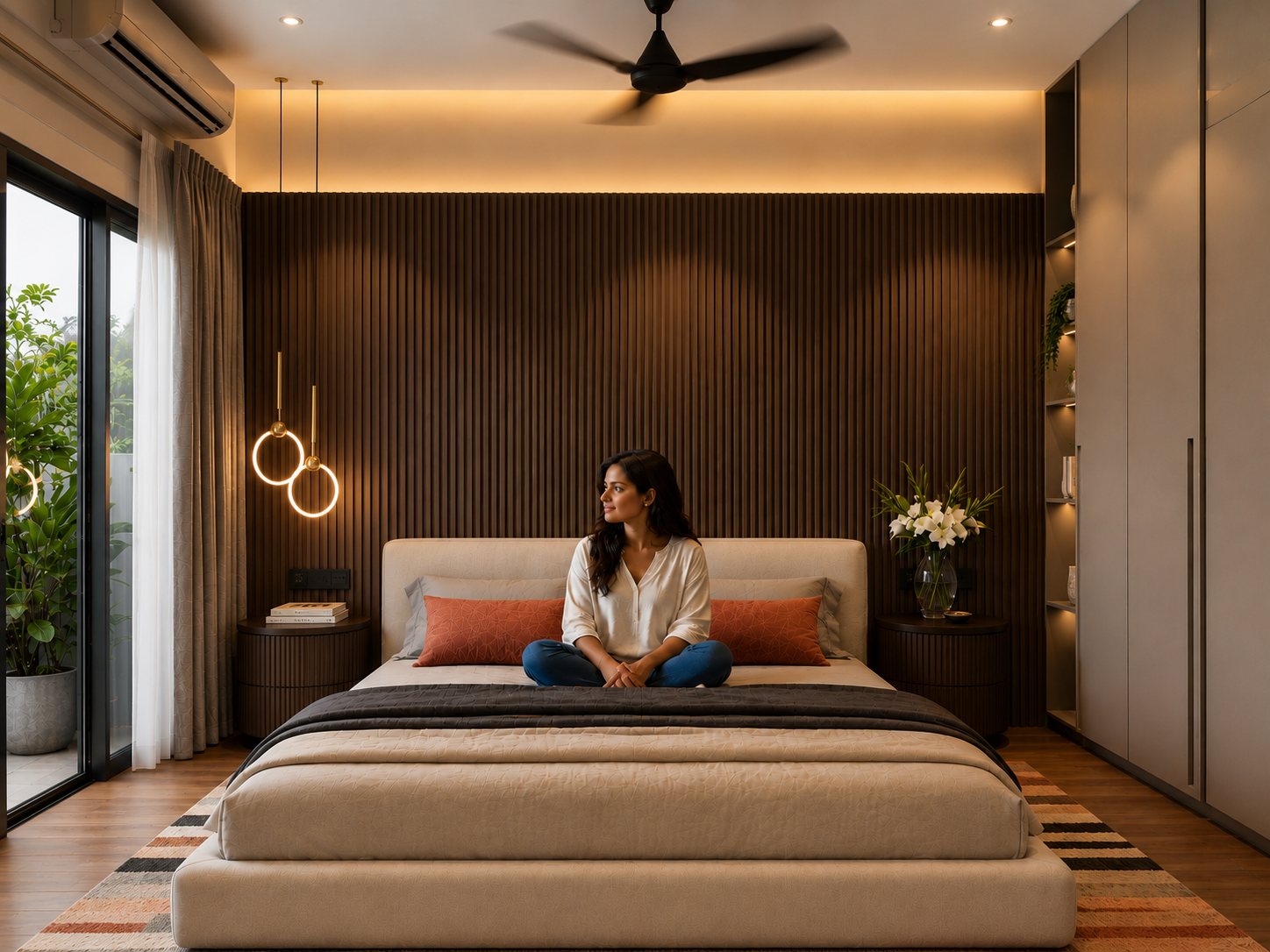Bedroom with a fluted wood headboard, ring pendants and a woman seated on the bed