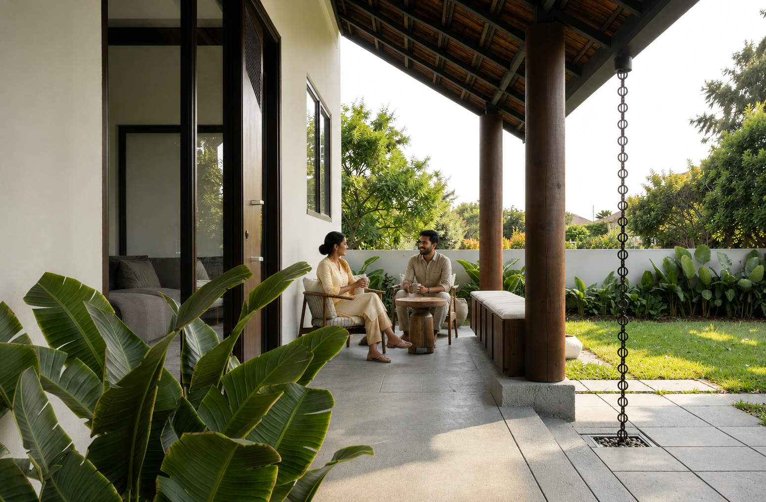 Sheltered sit-out at Modern Tharavadu opening to tropical planting