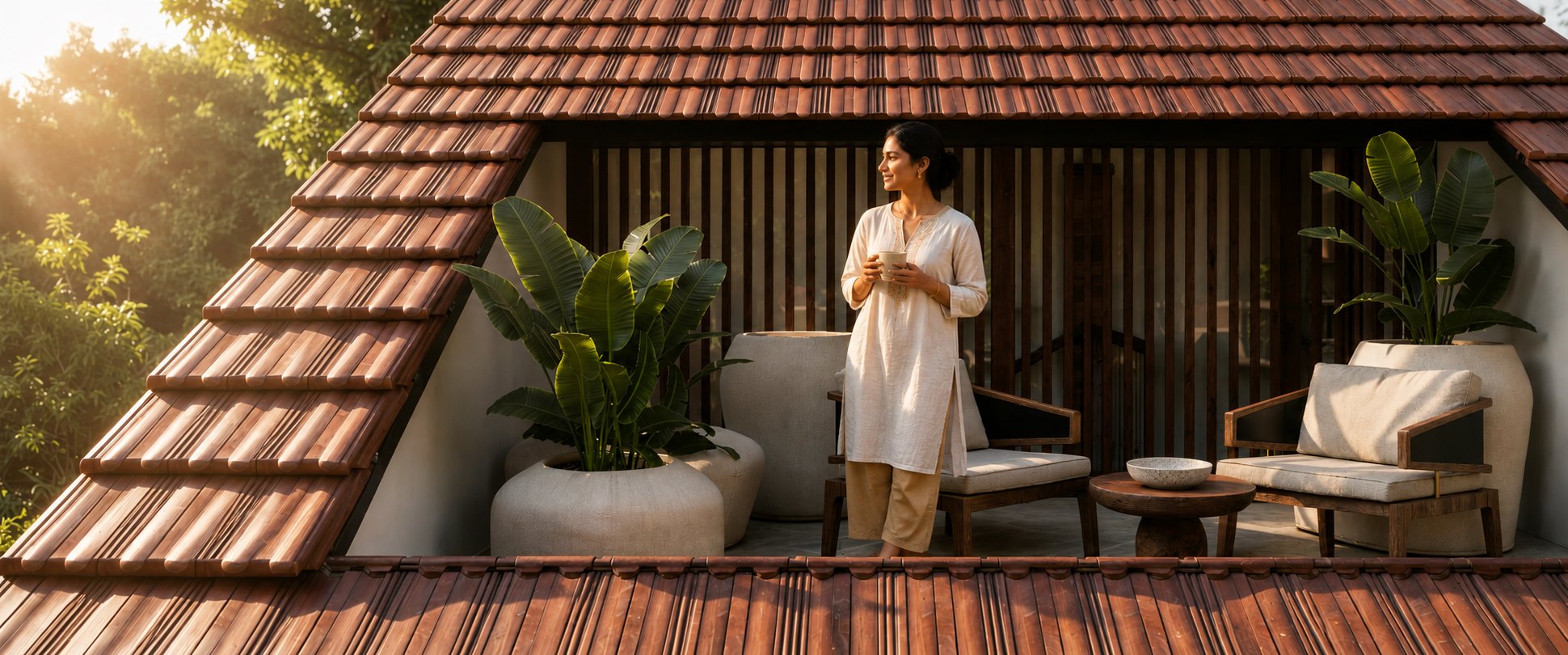 Roof terrace at Modern Tharavadu framed by clay tiles and vertical timber screens