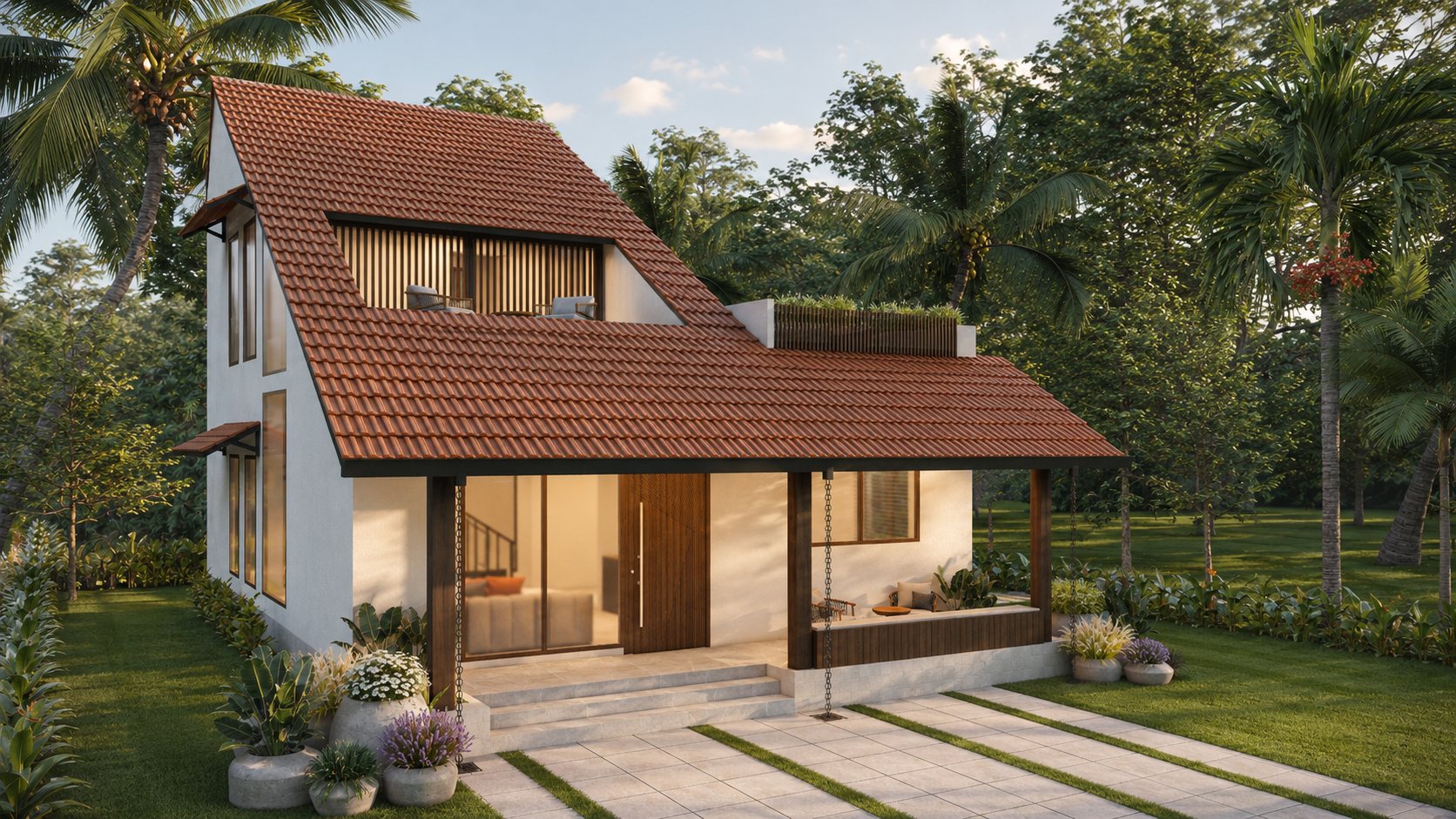 Front-left view of the white home beneath sweeping red-tiled eaves and surrounding palms