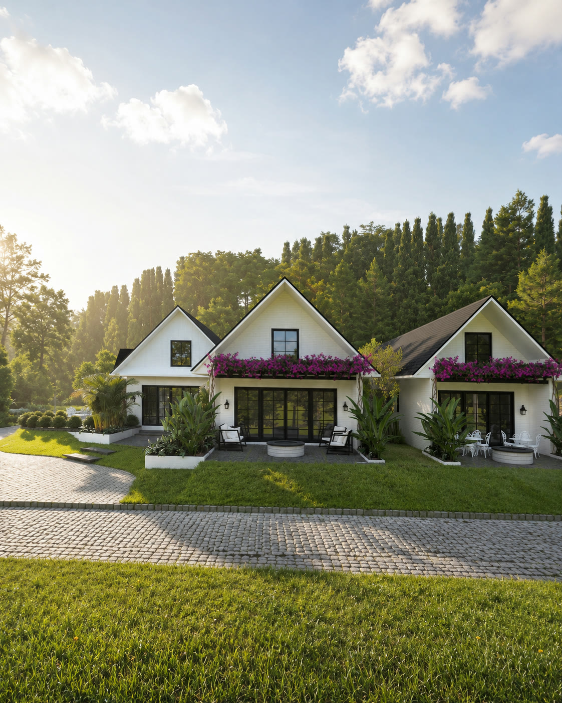 Serene Haven cottages grouped within a sunlit hill landscape