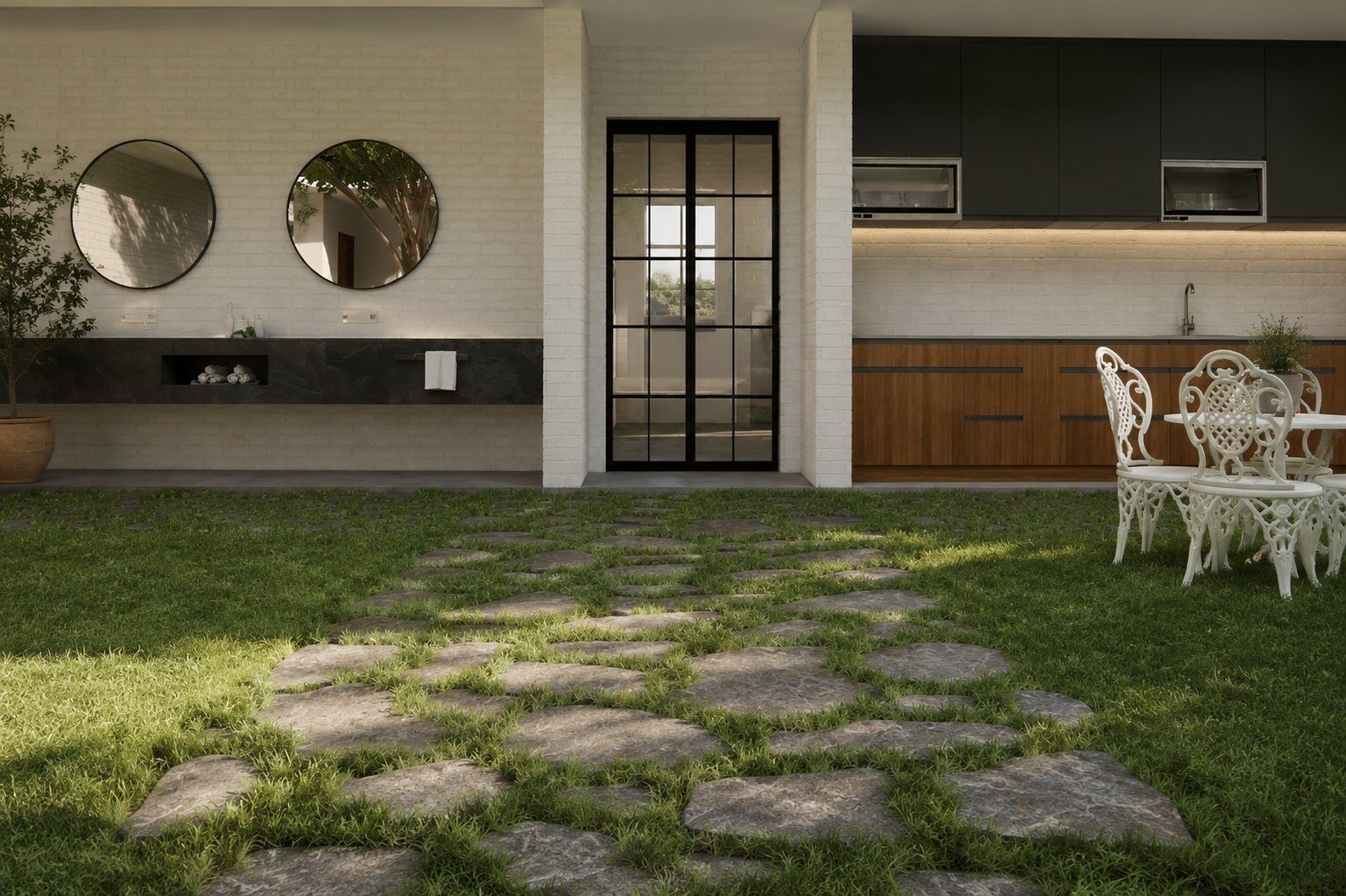 Serene Haven garden courtyard with an outdoor kitchenette and stone path