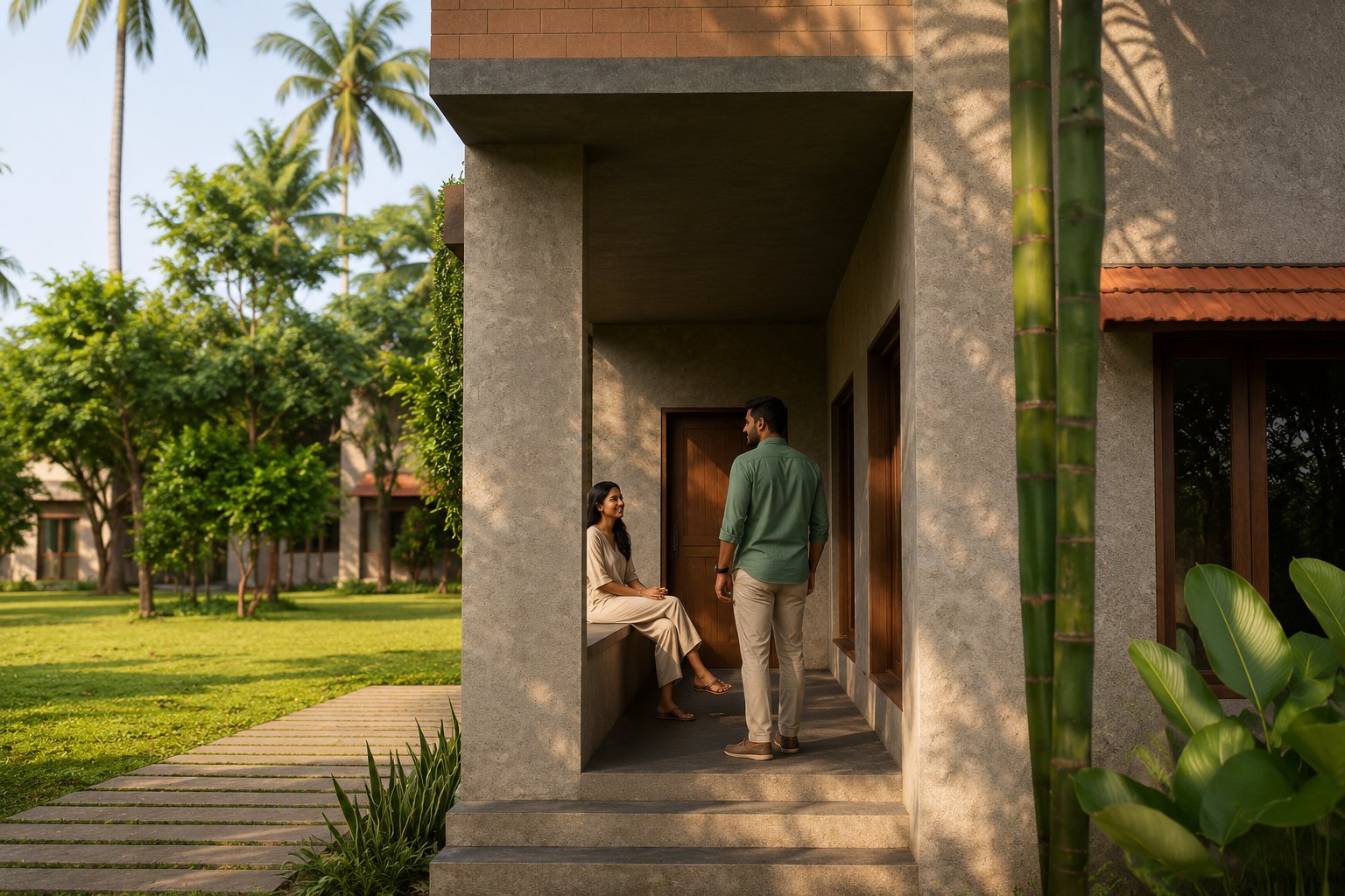 Stone Grove entrance framed by raw concrete, timber, and tropical landscape