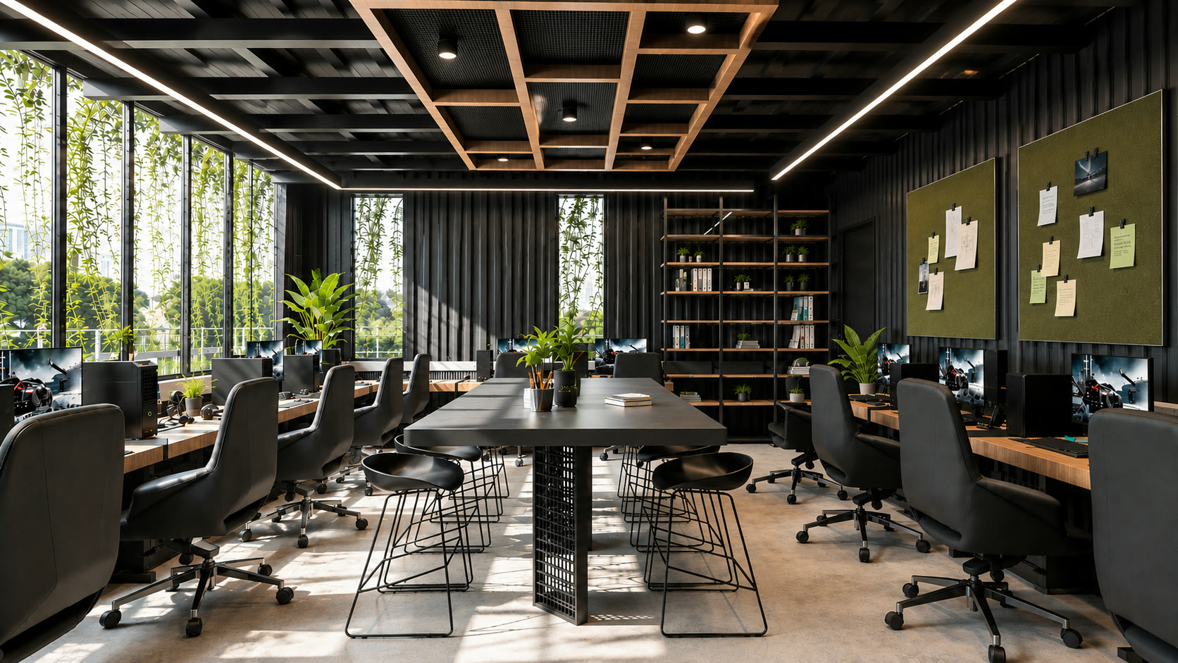 Open office at Urban Forge with linear lighting and garden views
