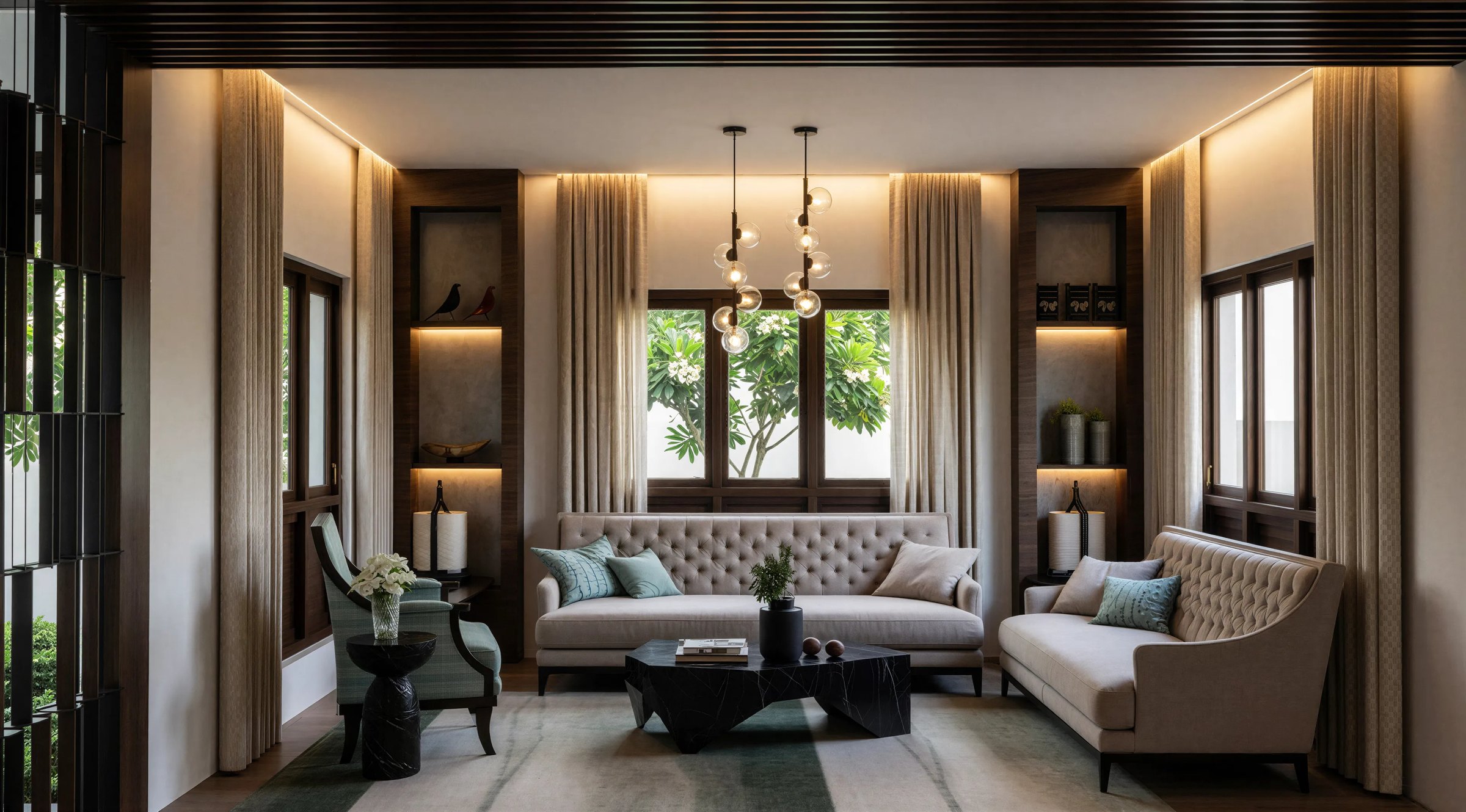 Wood Luxe formal living room framed by illuminated timber joinery